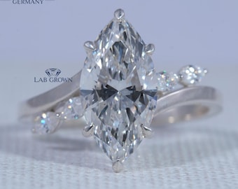 Anillo de compromiso con diamante talla marquesa, oro blanco de 18 quilates, engaste tipo racimo, montura tipo bypass, anillo de promesa, anillo de regalo de ajuste cómodo.