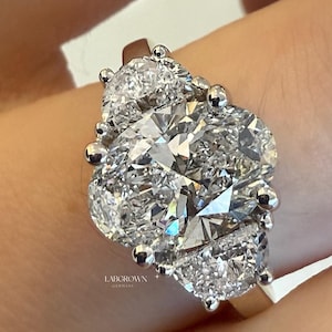 3 CT Oval Cut Lab Grown Diamond Engagement Ring, Three Stone Wedding Ring, Side Half Moon Lab Diamond Ring Set, IGI Certified Ring for Her.