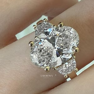 4.5CT Oval Cut Lab Grown Diamond Engagement Ring, Triple Stone Wedding Ring, Side Half Moon Lab Diamond, IGI Certified Jewelry, Ring For Her