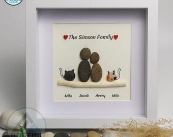 Personalized Family With Cat Pebble Art, Family Pebble Art, New Home Gift, Christmas Family Pebble Frame, Pebble Art Gift, Gift for Family