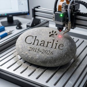 K&ouml;nnte beinhalten: Eine Lasergravurmaschine graviert den Namen Charlie, die Jahreszahlen 2015-2026 und ein Pfotenabdruck-Symbol in einen glatten grauen Stein. Der Maschinenkopf hat ein gr&uuml;nes Licht und einen roten Laserstrahl, der auf die Steinoberfl&auml;che gerichtet ist.
