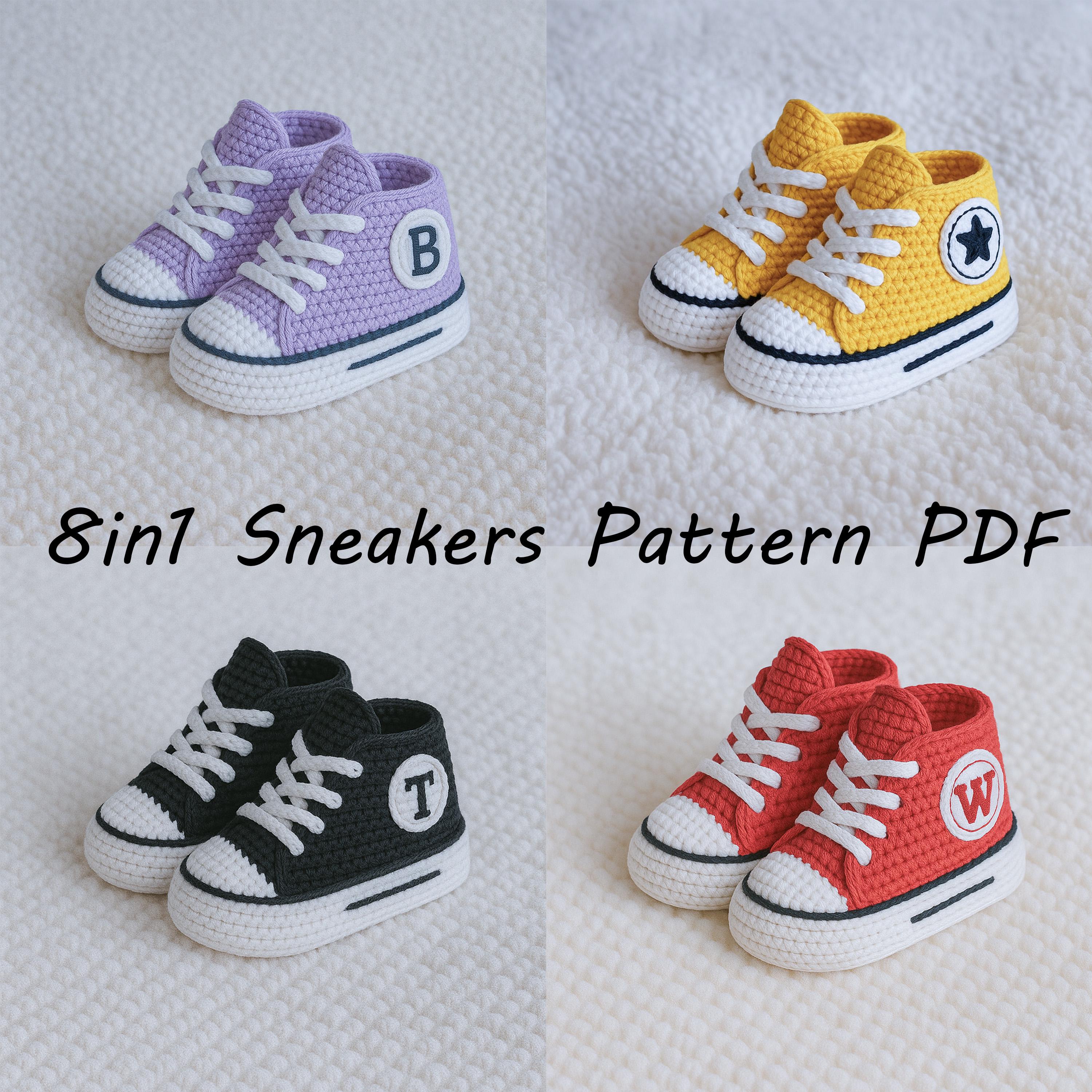 8in1 Crochet Baby Shoes Sneakers Pattern PDF | Baby Girl Boy Booties 4 Sizes | Gift Baby Booties For Newborn and Future Young Mother DIY