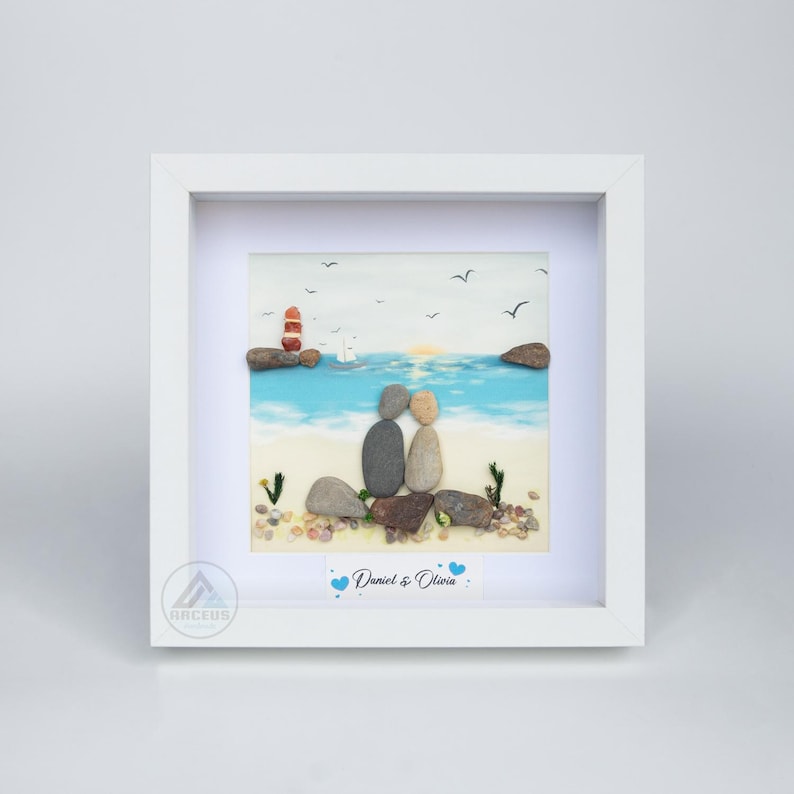 Custom Pebble Art Couple Frame, Personalized Stone Art Gift, Wedding Anniversary Gift, Beach Rock Picture, Engagement Gift for Him Her image 2