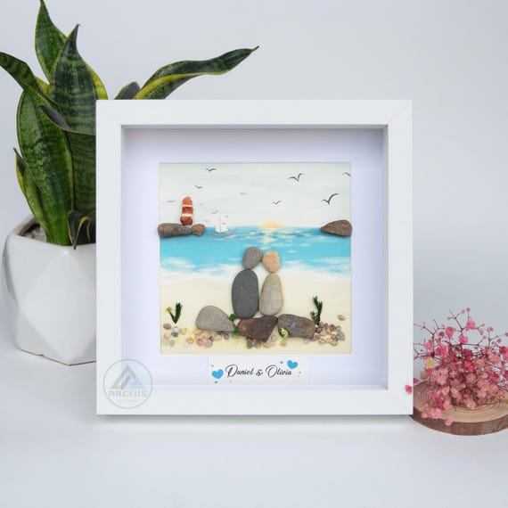 Custom Pebble Art Couple Frame, Personalized Stone Art Gift, Wedding Anniversary Gift, Beach Rock Picture, Engagement Gift for Him Her