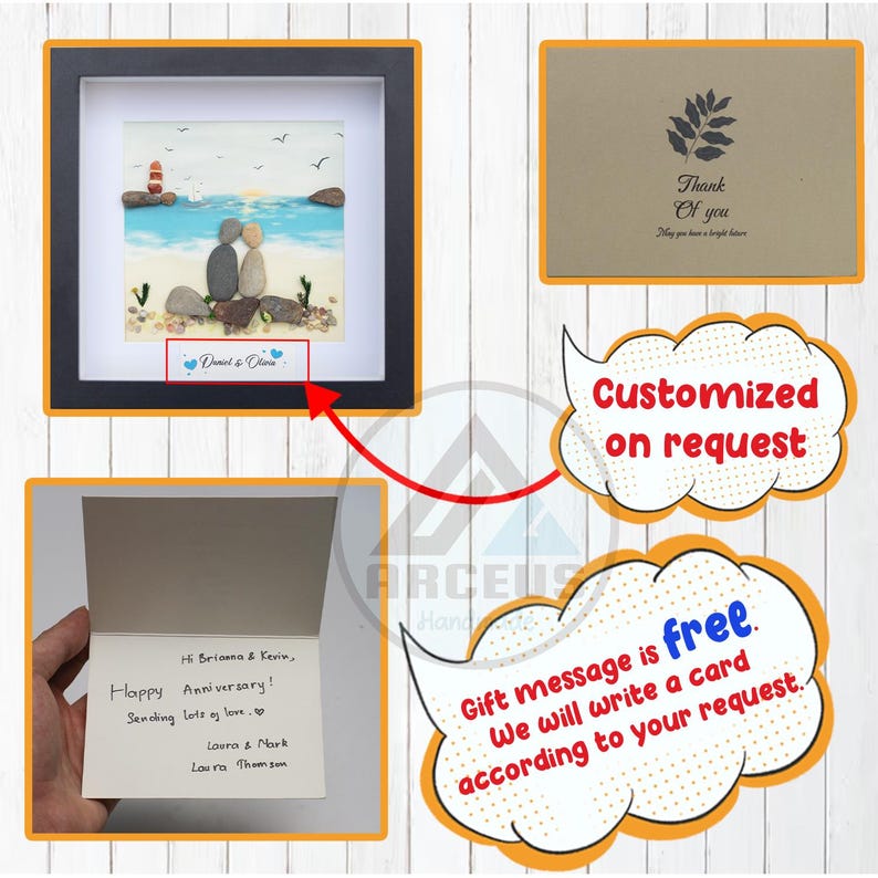 May include: A framed pebble art picture of a couple standing on a beach with a lighthouse in the background. The frame is black and the picture is on a white background. The picture is signed "D&D". The image also includes a card with a handwritten message that says "Hi Brianna & Kevin, Happy Anniversary! Sending lots of love. Loura & Mark Laura Thomson".