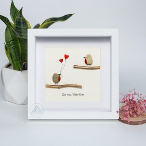 Be My Valentine Gift, Love Birds Pebble Gift, Valentine&#39;s Day Pebble Frame, Personalized Valentine&#39;s Day Gift, Handmade Pebble Artwork