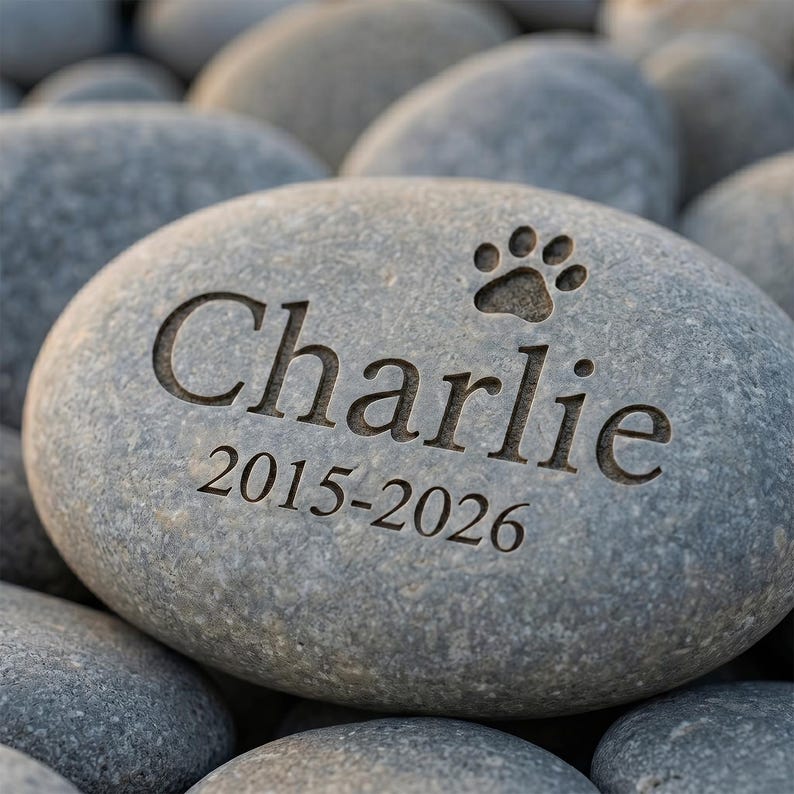 K&ouml;nnte beinhalten: Ein glatter, ovaler grauer Flussstein mit einer Lasergravur. Der Stein zeigt den Namen Charlie in einer Serifenschrift, die Jahreszahlen 2015-2026 und ein kleines Pfotenabdruck-Symbol, das &uuml;ber dem Namen in die Oberfl&auml;che eingraviert ist.