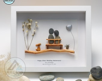 Personalized Wedding Anniversary Pebble Art Frame with Pets, Custom Stone Couple Gift, Pet Lover Anniversary Gift, Romantic Wall Decor