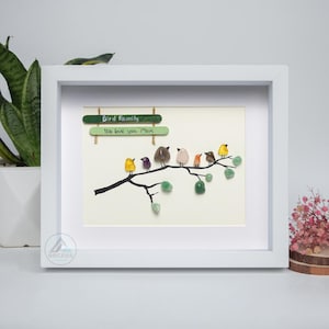 Personalised Family Birds on Branch, Pebble Art Family Picture, With Birds Framed Wall, New Home Gift, Pebble Art Gift, Pebble Frame