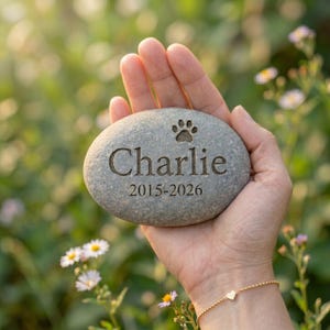 K&ouml;nnte beinhalten: Ein glatter, ovaler grauer Gedenkstein mit einer eingravierten Pfote, dem Namen Charlie und den Jahreszahlen 2015-2026. Der Stein hat eine nat&uuml;rliche, strukturierte Oberfl&auml;che und wird in einer Handfl&auml;che gehalten, die die dunkle Gravur zeigt.