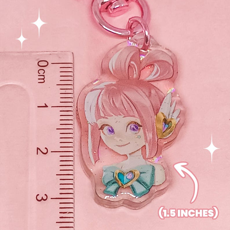 Overwatch mini keychains featuring Pink Mercy, Dokiwatch Juno, Rainy Day Kiriko, and Rainy Day Mei. Each is 1.5 inches with double-sided glitter epoxy and a broken glass holographic effect on one side. Cute Overwatch gift for support mains, gamer girls, and fans of OW2 skins and collectibles. Great for bags, backpacks, and keys. Handmade fanmade merchandise for Overwatch lovers and kawaii gaming aesthetic. Painted and produced by Chryssv.