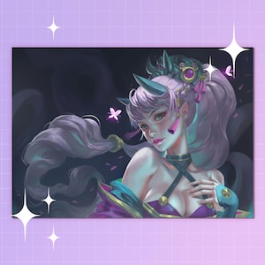 May include: A digital illustration of a woman with long purple hair, wearing a purple and gold outfit with a horned headdress. She has a dark background with pink flowers and butterflies.
