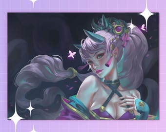 Impression d'art elfe démoniaque aux cheveux roses | Illustration de fille fantastique
