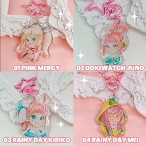 Overwatch mini keychains featuring Pink Mercy, Dokiwatch Juno, Rainy Day Kiriko, and Rainy Day Mei. Each is 1.5 inches with double-sided glitter epoxy and a broken glass holographic effect on one side. Cute Overwatch gift for support mains, gamer girls, and fans of OW2 skins and collectibles. Great for bags, backpacks, and keys. Handmade fanmade merchandise for Overwatch lovers and kawaii gaming aesthetic. Painted and produced by Chryssv.