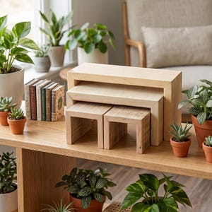 Natural cedar table shaped plant stand; Modern Japandi wood riser; Minimalist Contemporary display