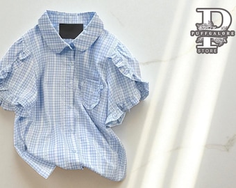 Women’s Gingham Ruffle Blouse | Blue Button Down Shirt | Puff Sleeve Summer Top | Casual Collared Outfit | Cute Plaid Clothing