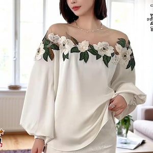 Off Shoulder Mesh Blouse | Floral Puff Sleeve Top | Embroidered Shirt for Women | Lightweight Feminine Look | Soft Everyday Style