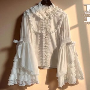 Women’s Kawaii Lace Blouse | Sweet Lolita Flare Sleeve Top | Layered Ruffle Patchwork Design | Cute Cottagecore Fashion Outfit
