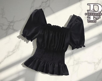 Women’s Puff Sleeve Top | Square Neck Ruffle Blouse | Smocked Waist Peplum Style | Casual Summer Outfit | Chic Fashion Clothing