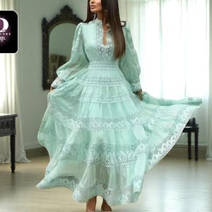 Elegant Tiered Lace Dress | Boho Style Maxi Gown | Stylish Autumn Wear | Flowy Layered Design | Lantern Sleeve Party Outfit