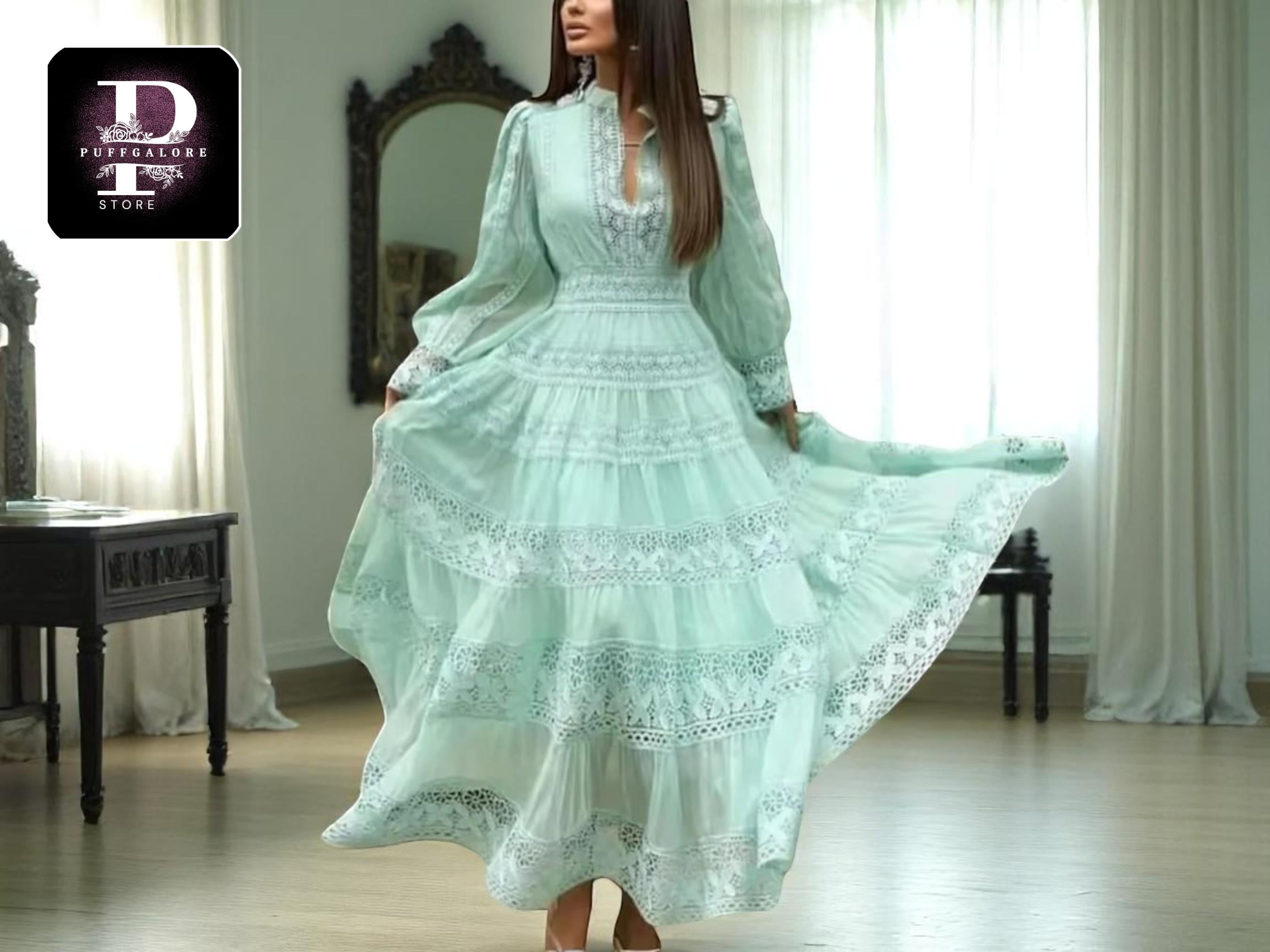 Elegancka koronkowa sukienka z warstwami | Suknia maxi w stylu boho | Stylowa odzież jesienna | Zwiewny, warstwowy design | Strój imprezowy z rękawami w kształcie latarni