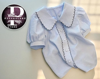 Women’s Scalloped Collar Blouse | Puff Sleeve Button Shirt | Light Blue Gingham Top | Cute Summer Office Wear | Chic Daily Outfit