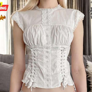Women&#39;s Summer Crop Top | Ruffle & Button Tie-Up Tee | Lace Trimmed and Short Sleeve | Retro Chic Shirt | Vintage Style Blouse