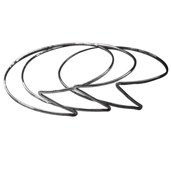 Set of 3 Sterling Silver Lightning Bolt Bangle Bracelets Handformed Hammered Thin Lightweight
