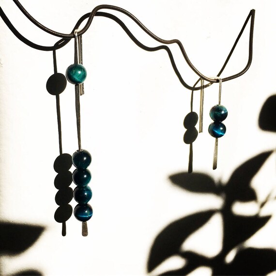 Dark Teal Tiger Eye Unmatching Pair Sterling Silver Minimalist Earrings