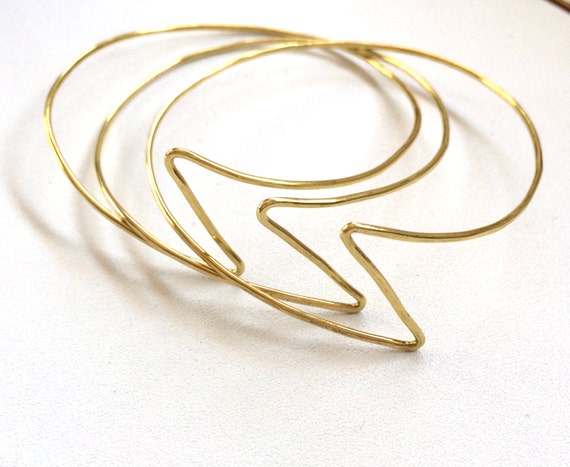 Set of 3 Brass Lightning Bolt Bangle Bracelets Handformed Hammered Thin Lightweight