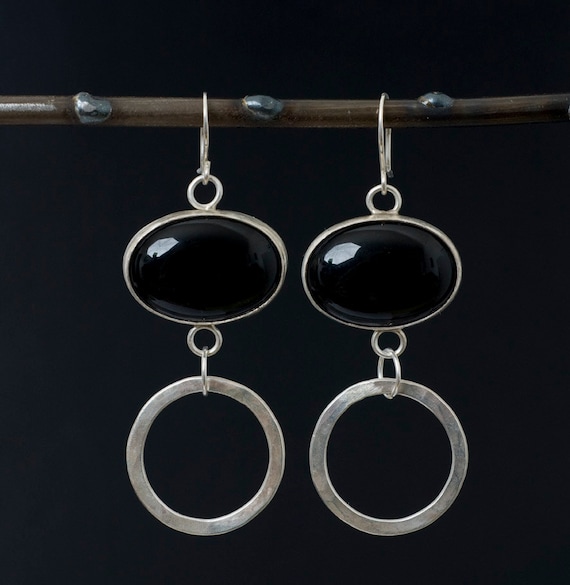 Sterling Silver Hoop and Oval Onyx Earrings