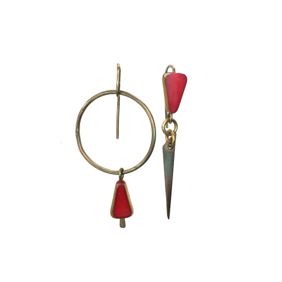 Red antique German bead and brass mismatched earrings
