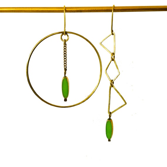Brass with mint green antique german beads mismatched earrings