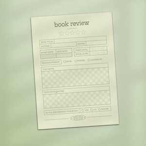 以下が含まれることがあります： 上部に「book review」というタイトルが付いた、クリーム色の本のレビューシート。本のタイトル、著者、ジャンル、評価の星のセクションが含まれています。読書形式、考え、お気に入りの引用のセクションもあります。