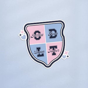 Può includere: Un adesivo a forma di scudo, diviso in quattro sezioni rosa e blu. Le sezioni contengono i nomi "Garrett", "Dean", "Logan" e "Tucker" in un font stilizzato. Stelle e cuori decorativi circondano lo scudo.