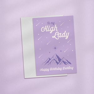 Alla mia alta signora, biglietto di auguri di buon compleanno, biglietto di auguri di compleanno ACOTAR, biglietto di auguri di compleanno con un libro carino, biglietti libreschi, biglietto Rhysand & Feyre, sotto la montagna