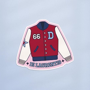May include: A sticker of a red and white varsity jacket with the number 66 and the letter "D". The jacket has blue accents and a star on the sleeve. The text "DI LAURENTIS" is at the bottom.