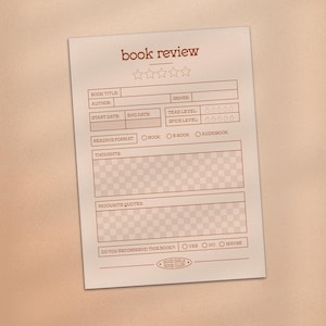 May include: A beige book review sheet with brown text and a grid pattern. The text includes "book review", fields for book title, author, genre, and rating scales. The bottom has a "Good Girls Book Club" logo.