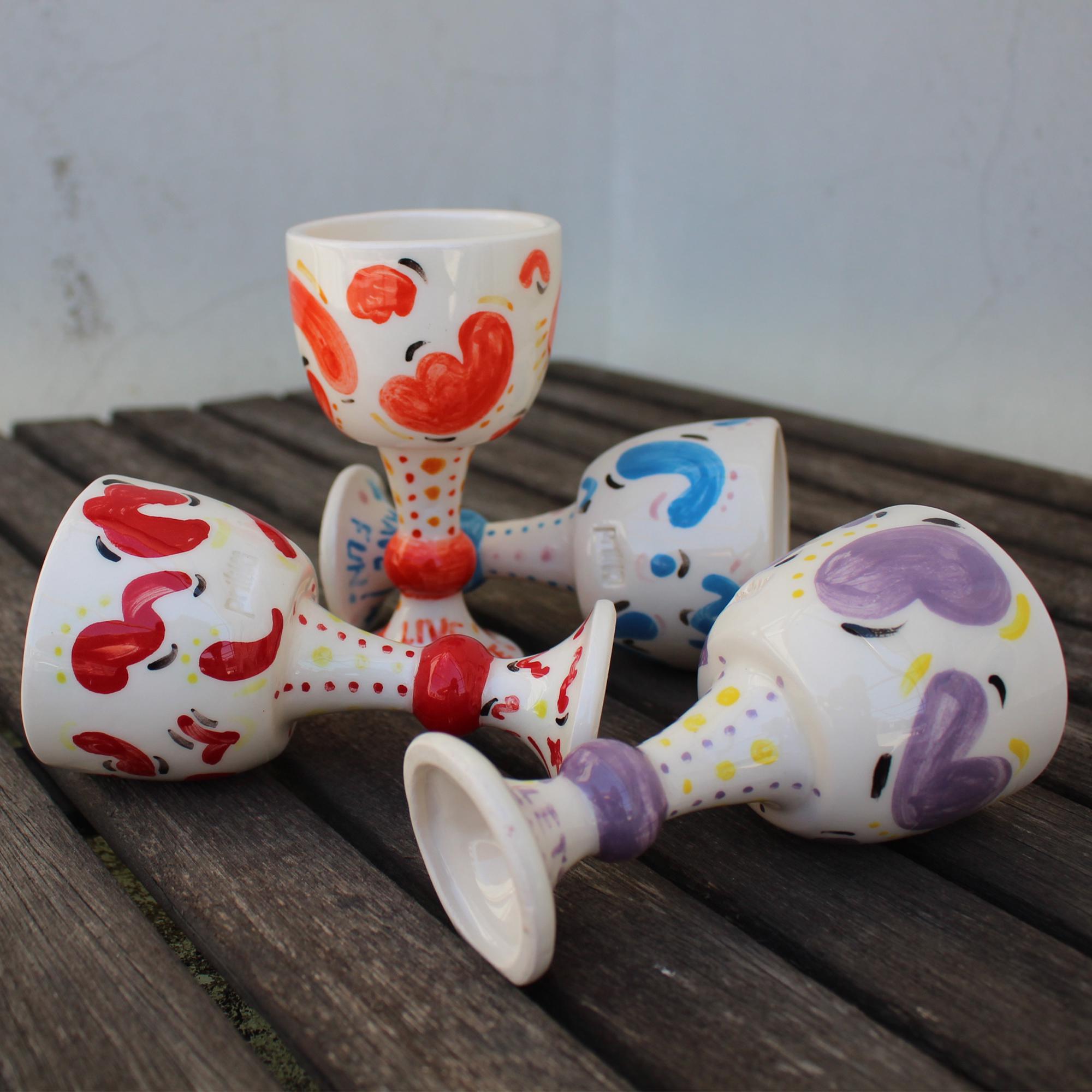 Handmade colorful ceramic wine glasses,handpainted ceramic goblets with slogans,they make a great gift for friends or loved ones.