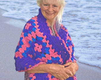 Extra Long Crocheted Pink and Purple Ladies' Shawl / Pink and Purple Crochet Wrap For Women / Granny Square Shawl / Boho Style Prayer Shawl