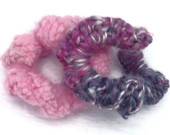 Set of 2 Fuzzy Crocheted Pink and Berry Hair Scrunchies, Handmade Pony Tail Holder, Mom Bun Accessories, Gift for Her, T-Shirt Ties