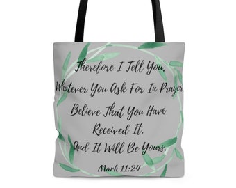 Bible Verse Knitting Bag / Gray Beach Bag / Book Bag / Faith Tote Bag / Christian Bag / Gift For Christian / Grocery Bag / Gift for Knitter