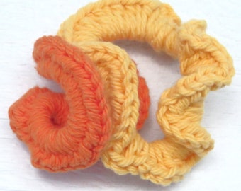 Yellow and Orange Crocheted Cotton Scrunchies, Set of 2 Hair Ties, Mom Bun Accessories, T-shirt Ties, Gift for Her, Bracelet