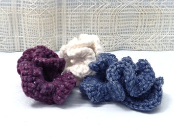 Set of 3 Handmade Scrunchies, Crocheted Scrunchies, Blue, Berry, and Soft White Scrunchies, Hair Accessories, Pony Tail Holders