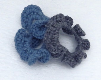 Set of 2 Handmade Crocheted Blue and Gray Scrunchies, Hair Accessories, Pony Tail Holders, T-Shirt Ties, Mom Bun Holder