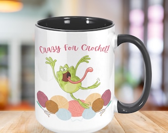 Crochet Lover Ceramic Coffee Mug With Frog, Frog Lover  Ceramic Coffee Cup For Crocheters, Crazy for Crochet Mug, Personalized Gift for Her