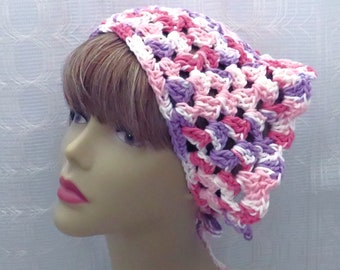 Handmade Crocheted Cotton Bandana, Boho Style Bandana, Crochet Pink and Lavender Head Scarf, Gift for Women, Hair Accessory, Hippie Bandana