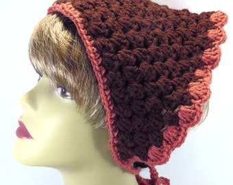 Crocheted Brown Bandana and Scrunchie with Caramel Trim, Women's Handmade Hair Accessories , Cottage Core Hair Band, Head Scarf