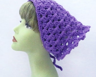 Lavender Crocheted Women's Boho Style Bandana, Light Purple Head Scarf, Hippie Style Head Covering, Lavender Scrunchie, Hair Accessories