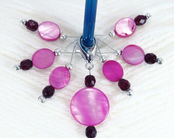 Handmade Magenta Shell Bead Closed Stitch Markers and Progress Keeper / Set of Seven Knitting Supplies / Gift for Knitter / Knitter Present